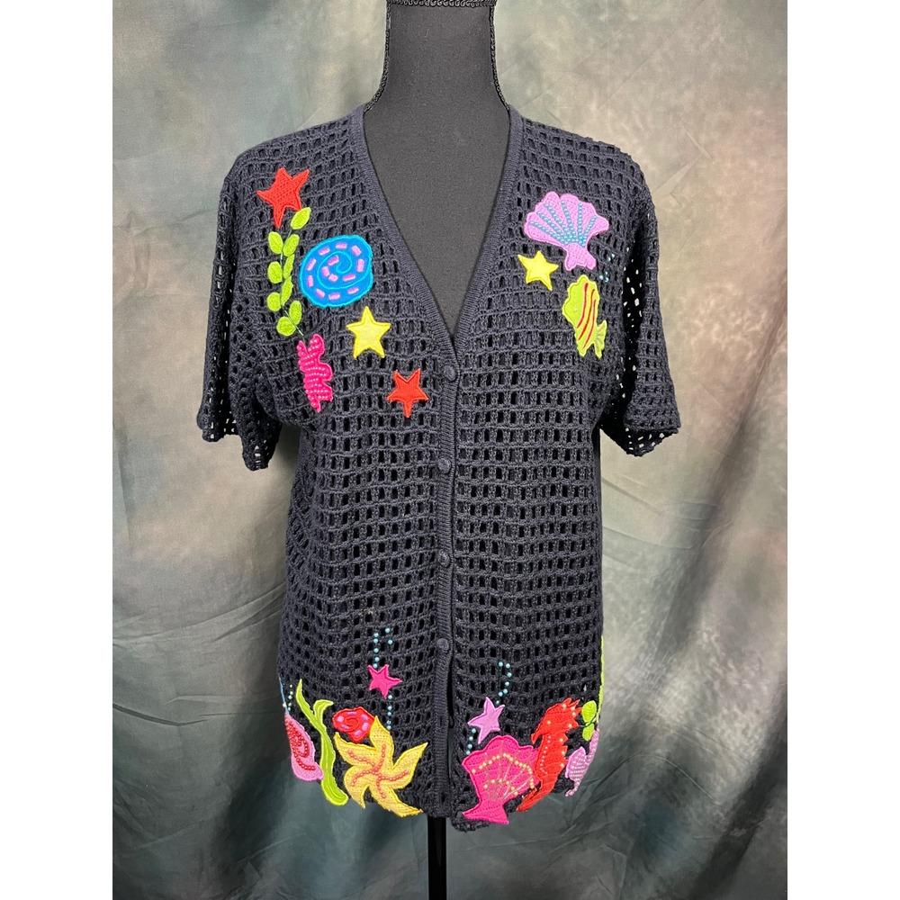 Vintage Sea Life Embroidered Open Knit Cardigan Black Beaded Nautical Fish Star